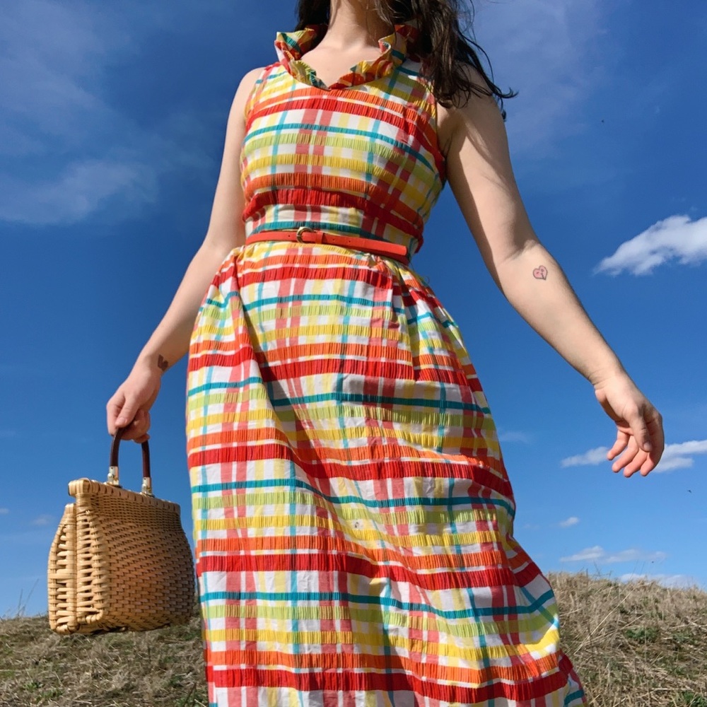 VTG 70s Joseph Magnin Rainbow Plaid Maxi Dress S